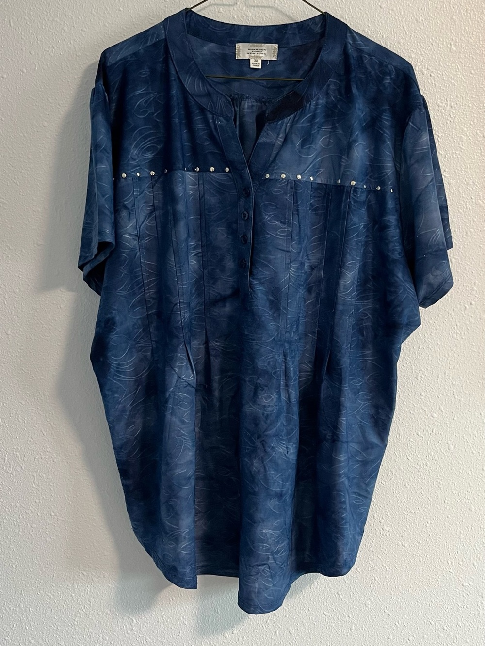 Women's Blue Short Sleeve Henley Blouse with Stud Detail Size 3X